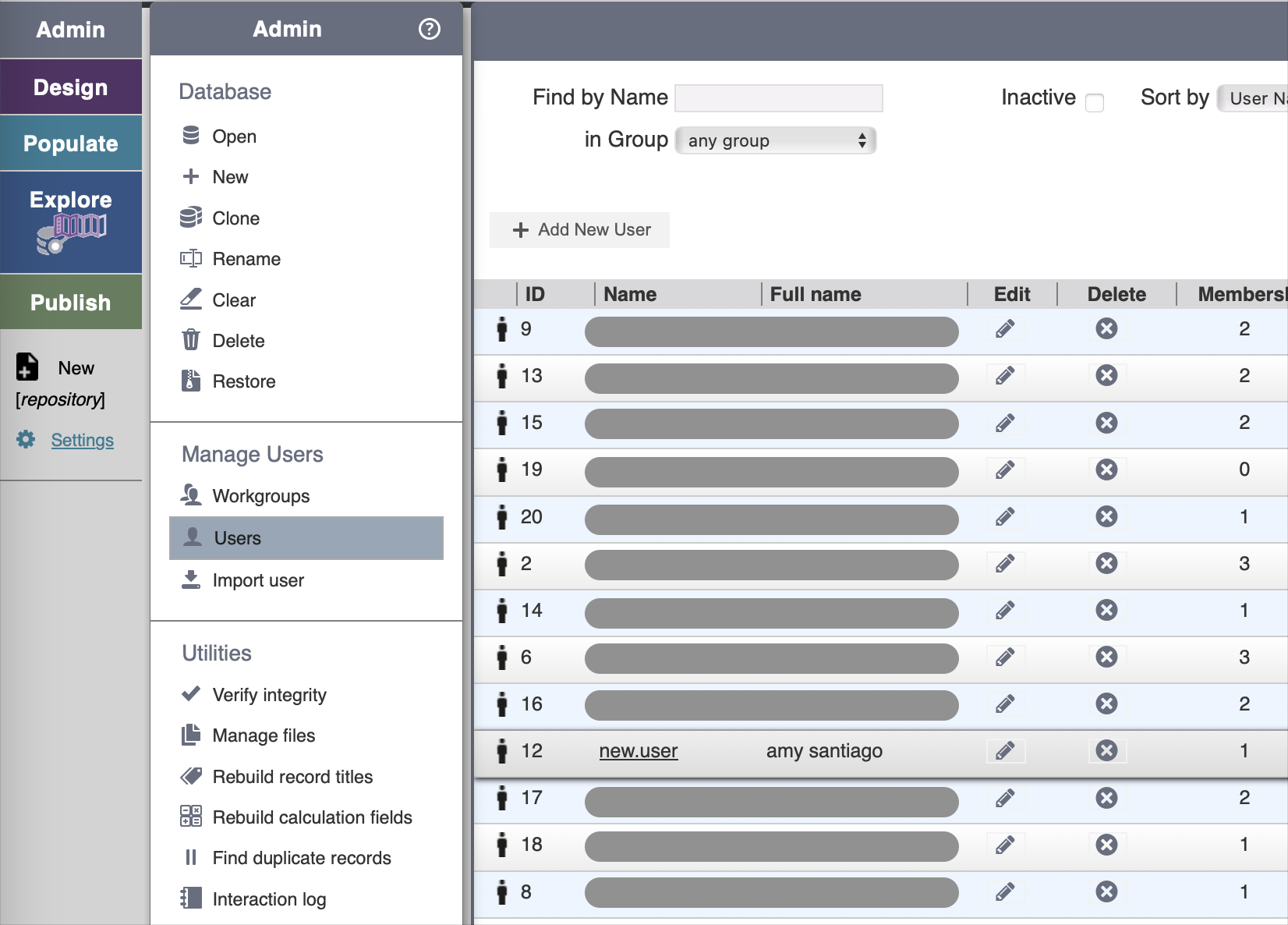 Screenshot of Heurist, showing "Admin" panel and the "Users" tab.